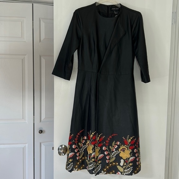 FRONT ROW Faux wrap embroidered a line 3/4 sleeve dress black 4 faux leather - Picture 1 of 8